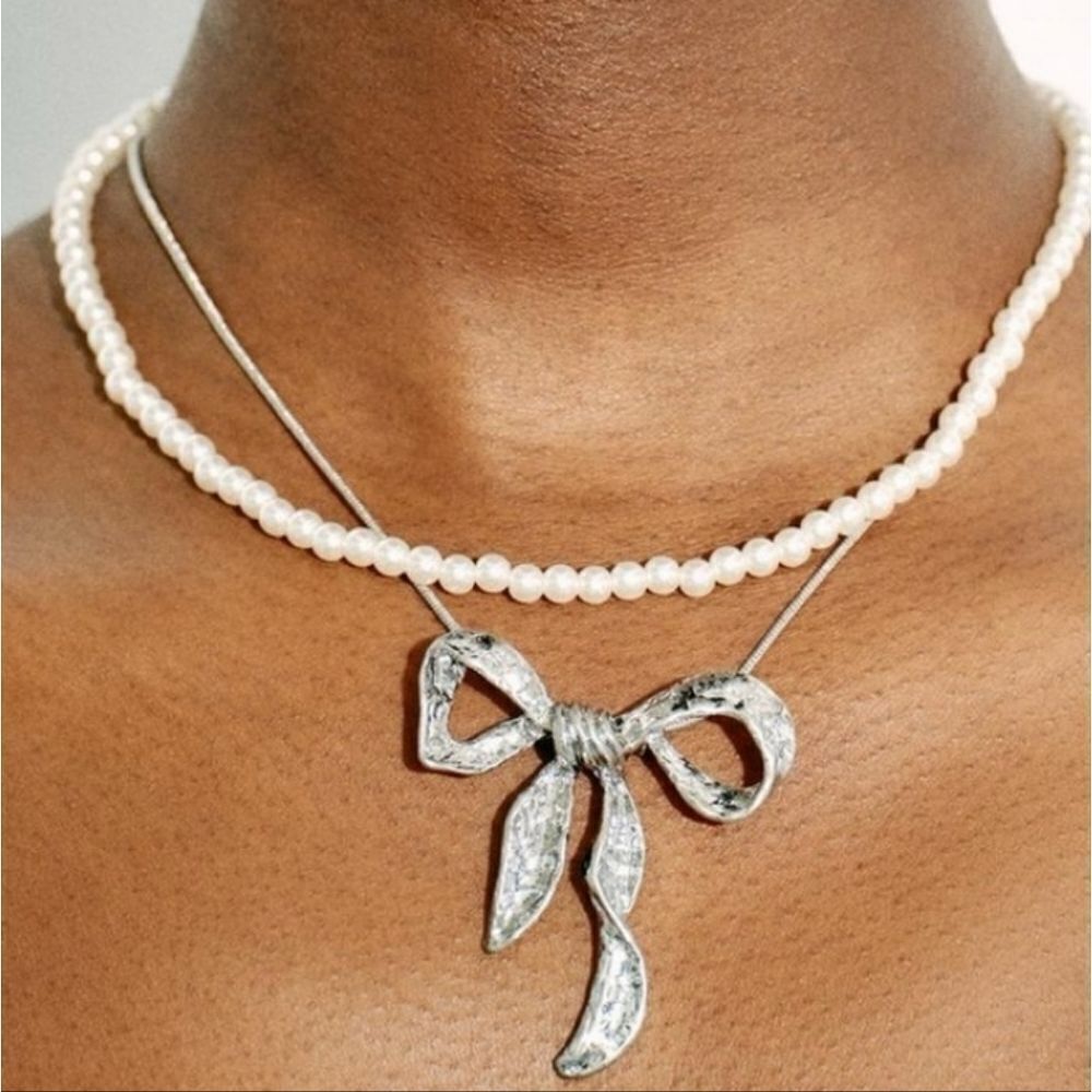 New! ZARA 2 Pc Pearl And Silver Bow Necklace Set | NWOT